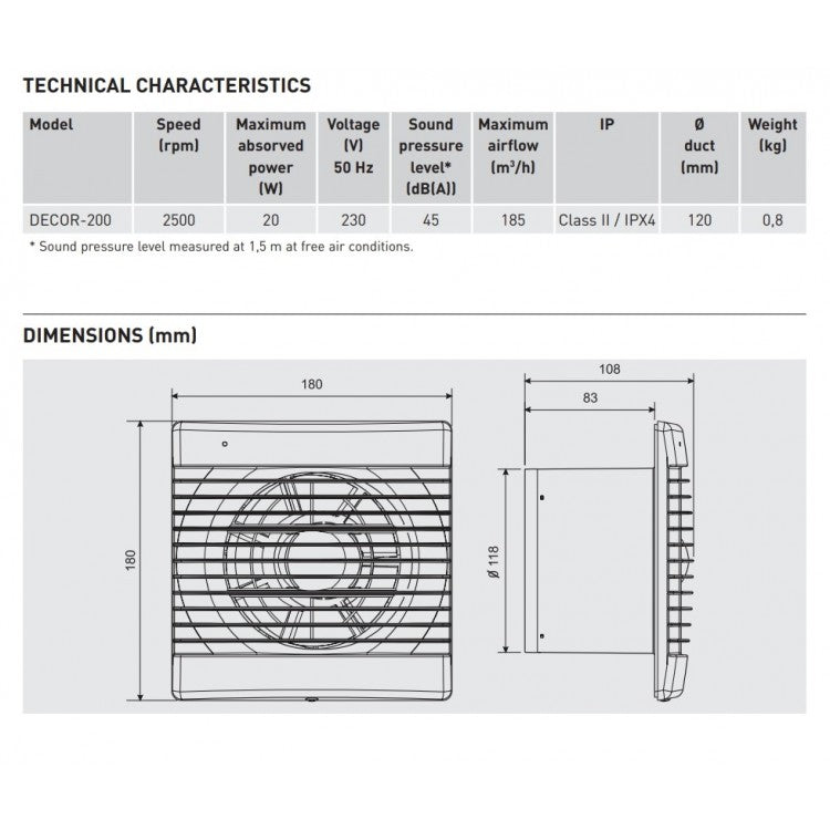 S&P - DECOR-200CZ - SLIMLINE AXIAL FAN - 230V -  مروحه شفط دورة مياه