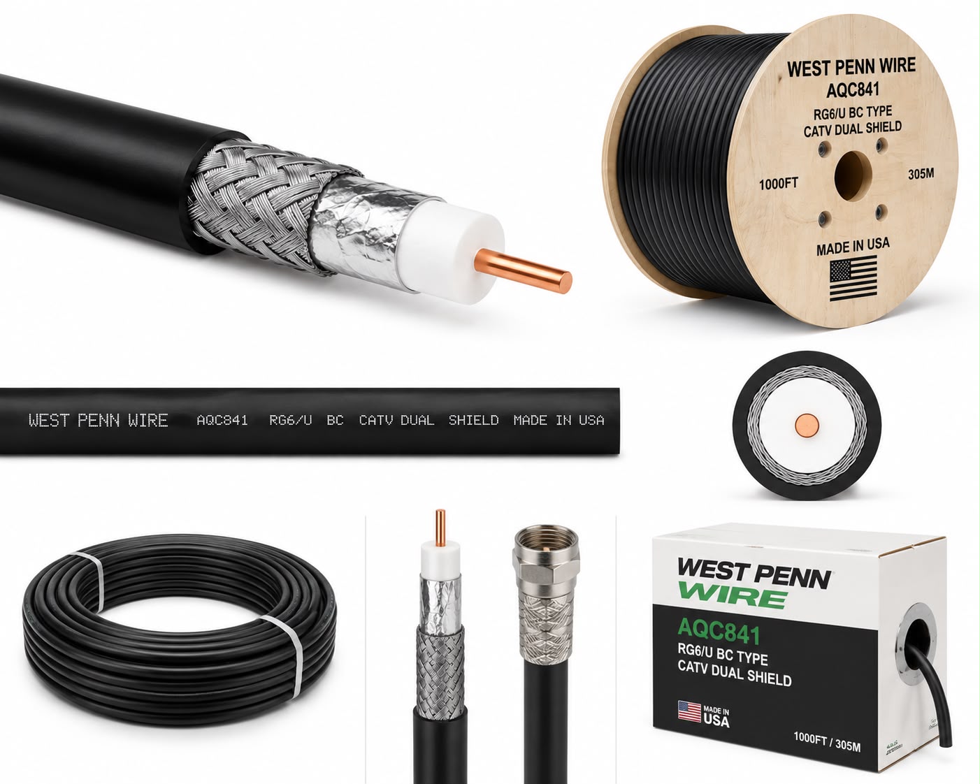 WP#841E, RG6, 95% Aluminum Braiding; Pure Copper; 100% Alum. Foil, Made in USA  -  RG6 كابل محوري بالنحاس الخالص صناعة امريكية